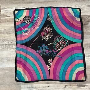 Vintage Milanowek Silk Scarf Black Mod Floral Rainbow Print 70s Square 24x25